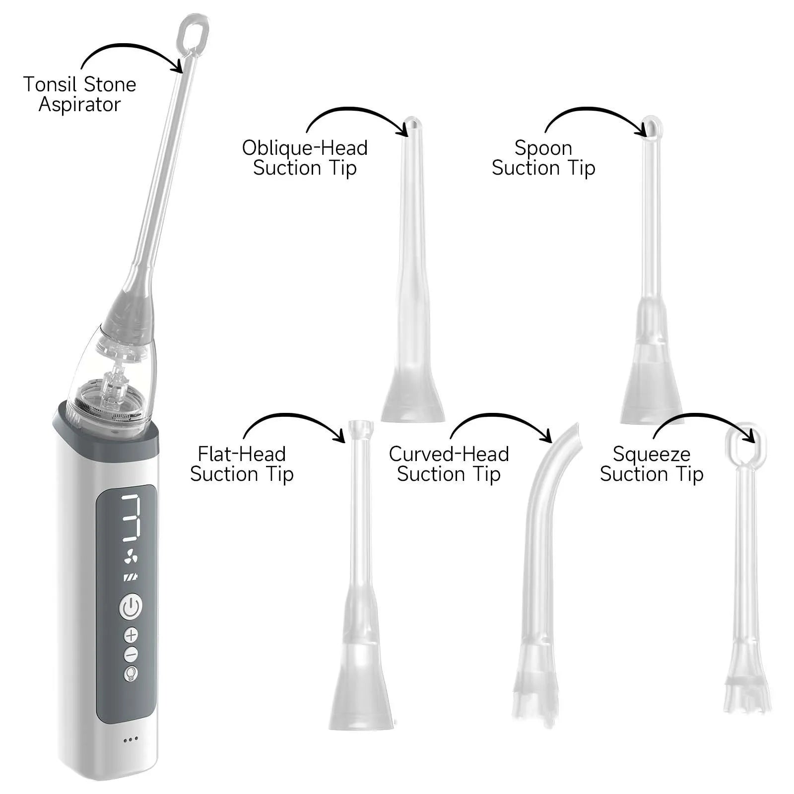 Milky white oral hygiene tool for tonsil stone and dental calculus removal.