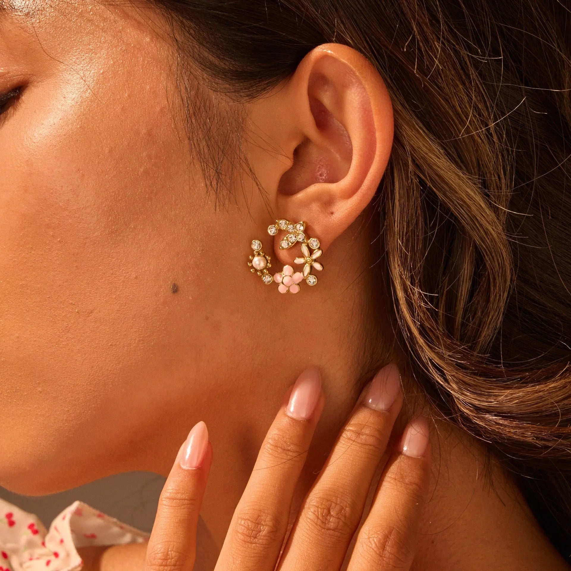 Colourful flower petal stud earrings with electroplated finish and stainless steel construction