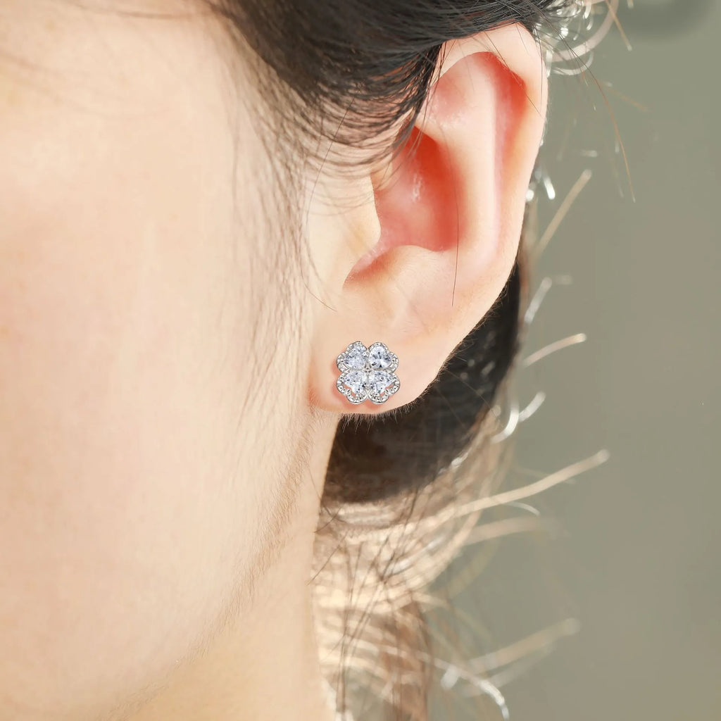 Silver zircon earrings with four-leaf clover and heart-shaped design in white gold colour