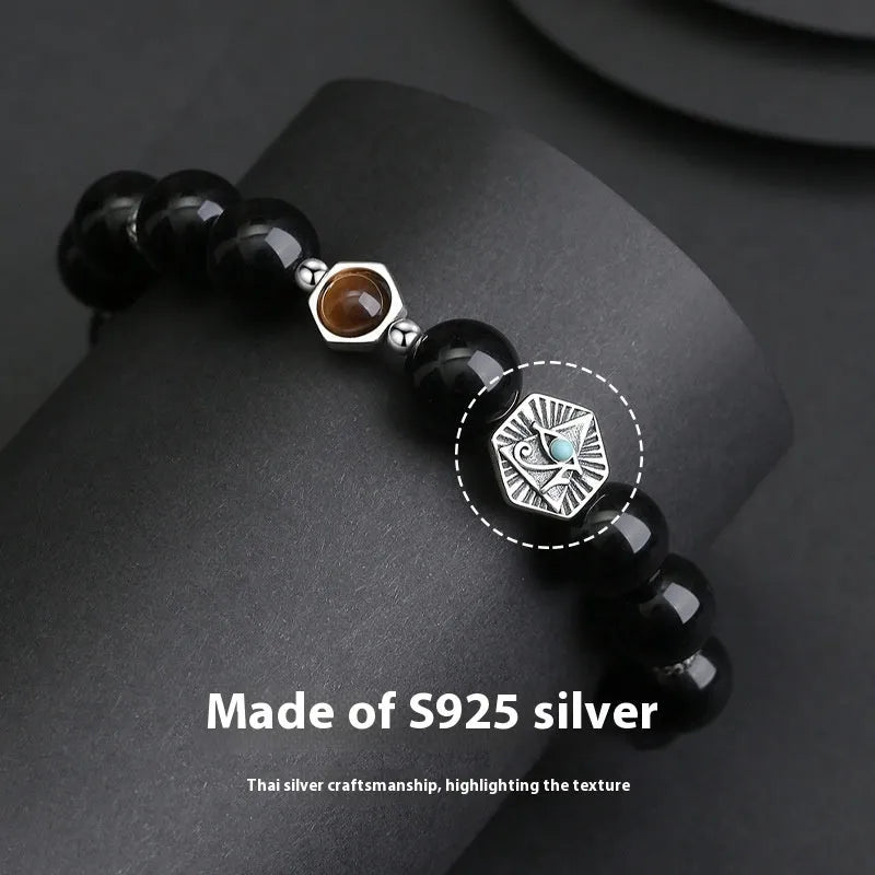 Men's retro-style 925 sterling silver bracelet with an 8mm black obsidian God's Eye charm.