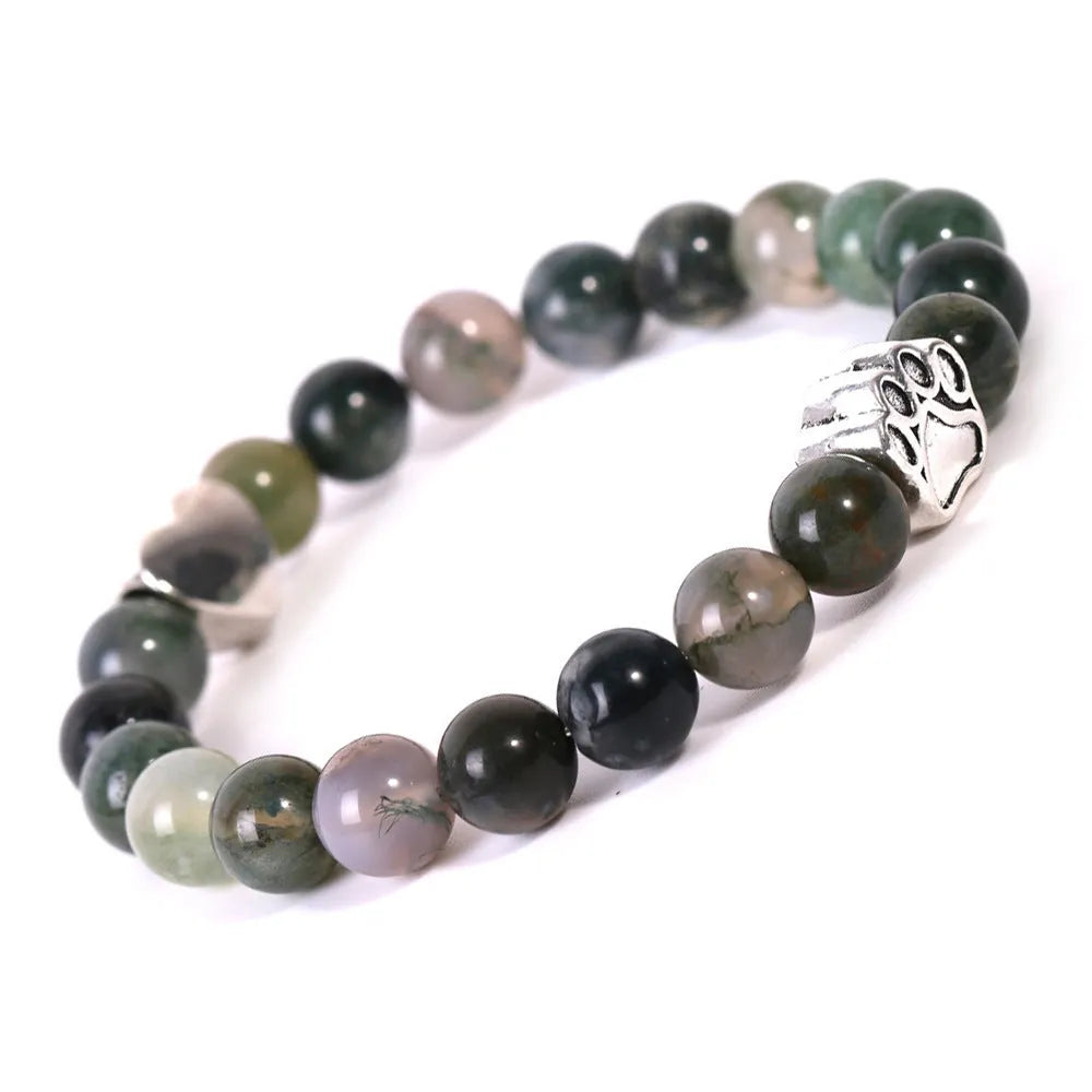 Tigereye and Indian agate stone bead bracelet with a central dog's paw or love heart charm.