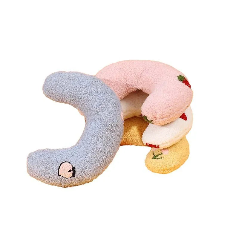 Cartoon half moon shaped U-shaped fabric pillow for cats in blue, pink, white, and yellow colour options