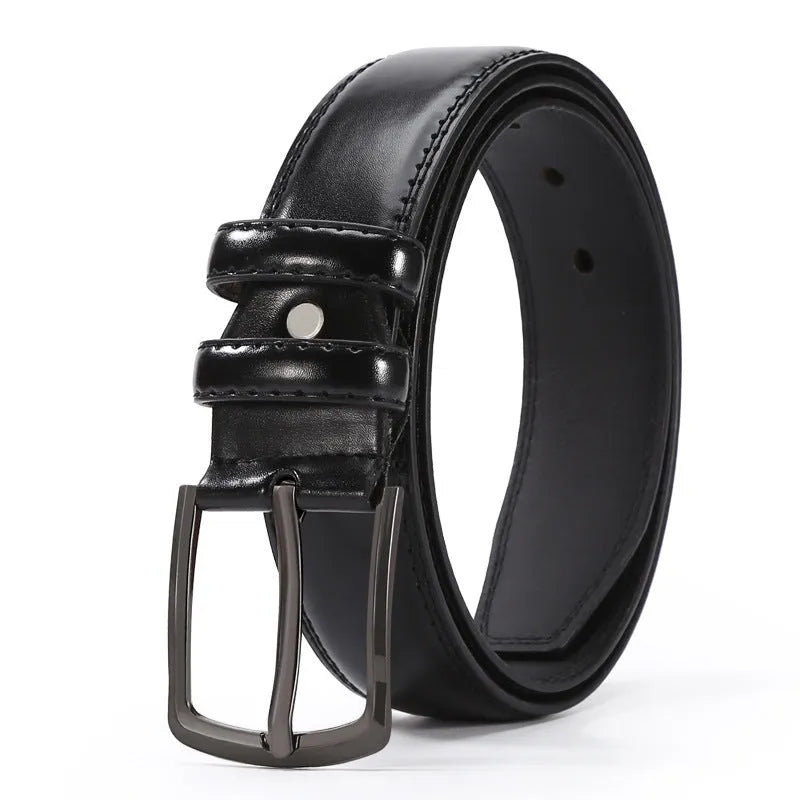 Men's black imitation leather business belt with an alloy pin buckle and laser logo elephant pattern.