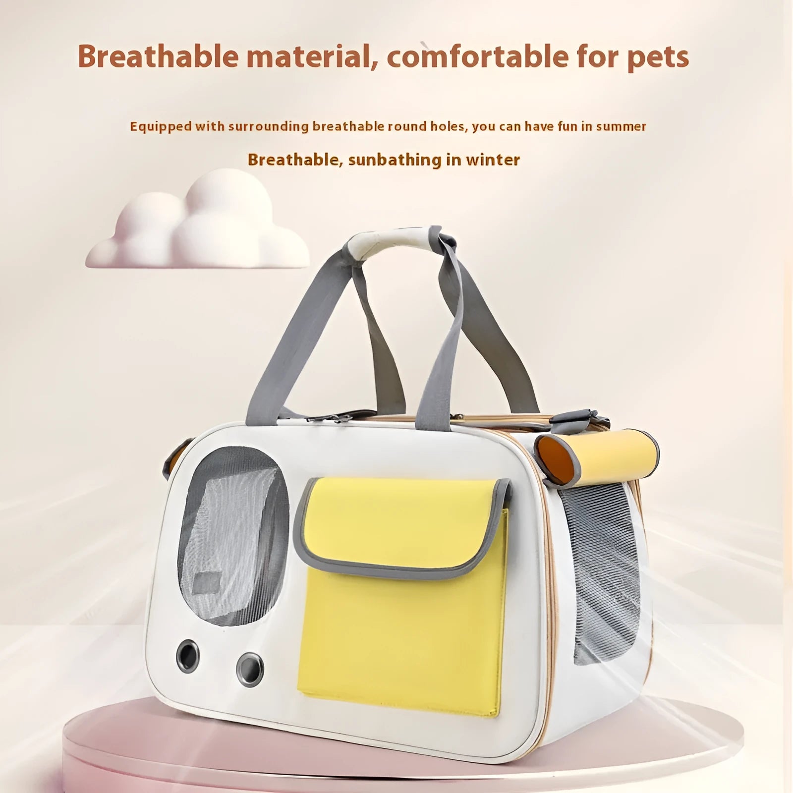 A foldable single shoulder pet bag in canvas, shown in yellow, green, and black colour options.