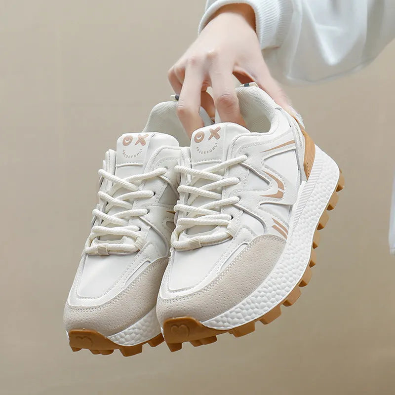 Women's black sports casual shoes with platform flat heel and lace-up front