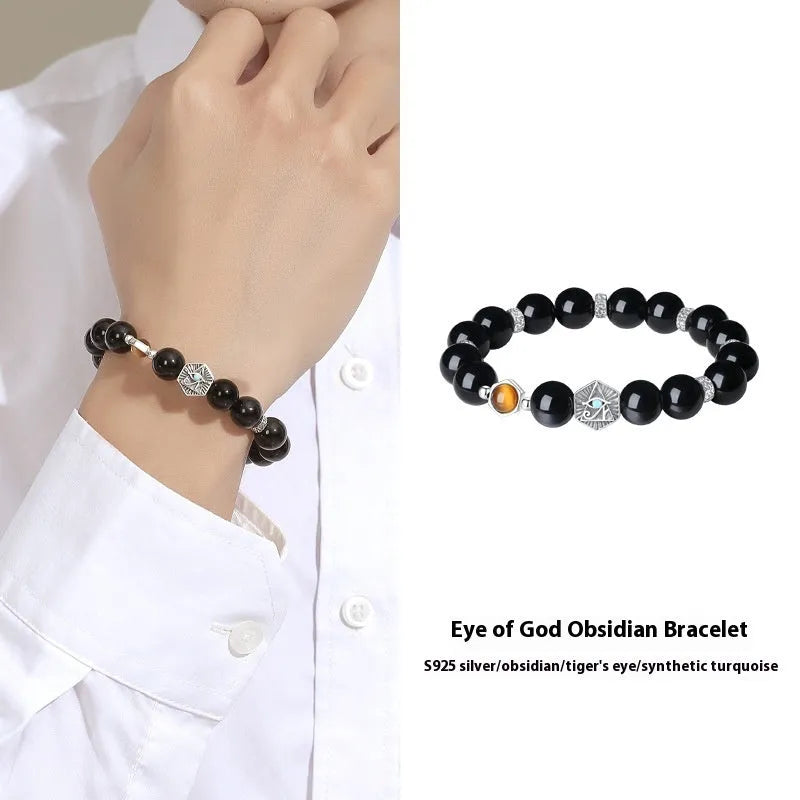 Men's retro-style 925 sterling silver bracelet with an 8mm black obsidian God's Eye charm.