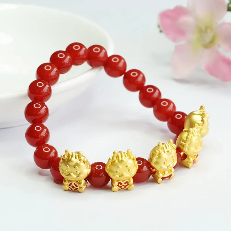 Red agate bracelet with Chinese five blessing dragon design on 8mm beads
