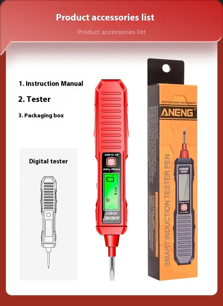 Black digital voltage measuring pen with LCD display showing voltage reading
