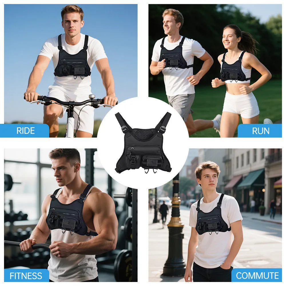Men's oxford cloth chest bag in black, shown in a vest-style design for outdoor sports and daily wear.