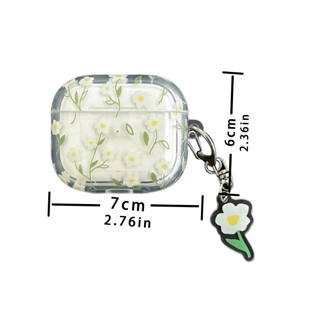 Clear soft TPU protective case for Apple AirPods with white floral oil painting decoration.