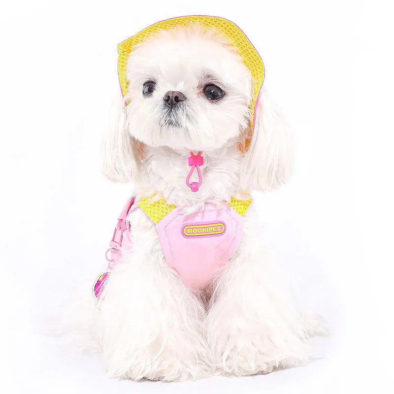 Pink polyester dog harness vest for small breeds like Bichon Frisé on a white background