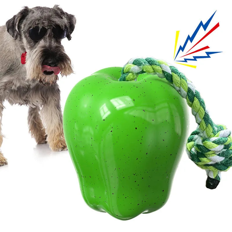 Green Apple-shaped dog chew toy with food dropping ball and textured molar surface