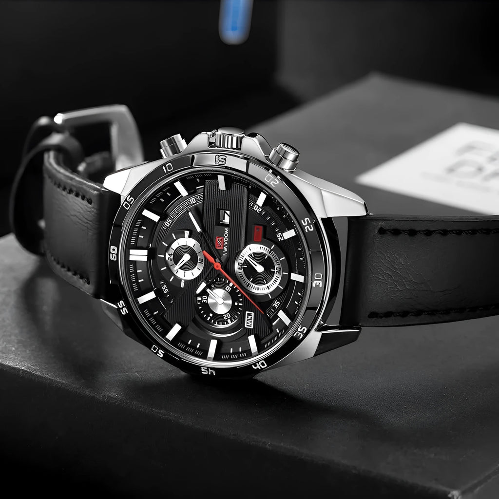 Men's casual quartz watch with business calendar display and waterproof case
