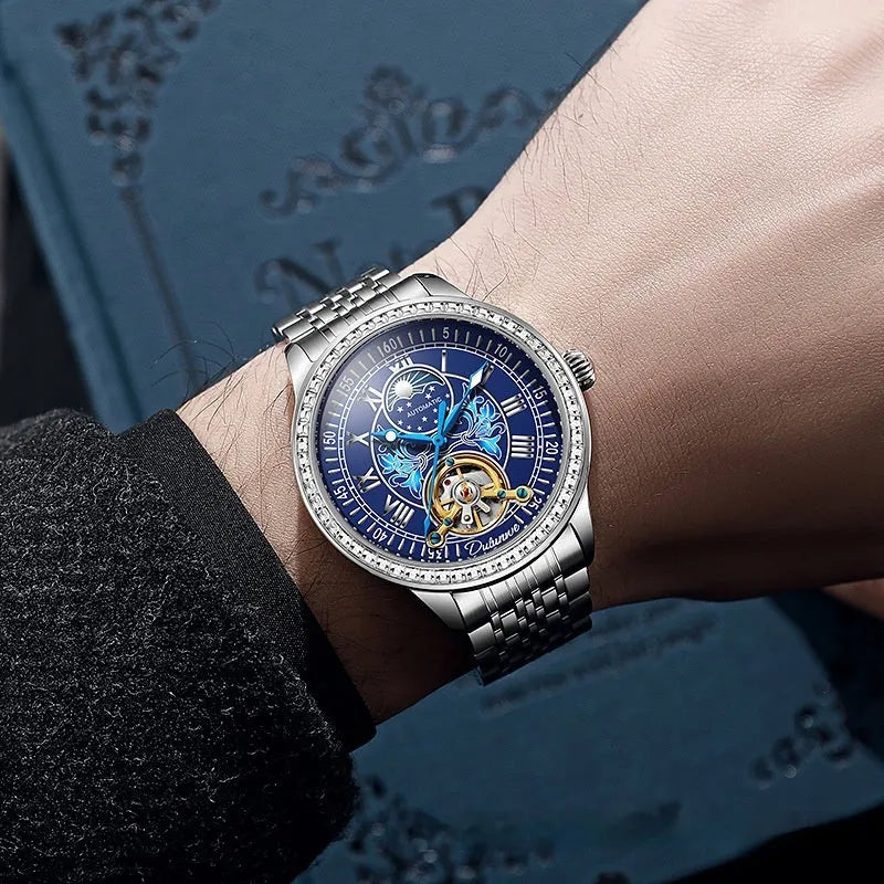 Men's round-dial waterproof watch with a stainless steel case and strap on a wrist.