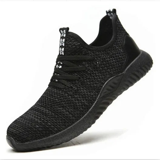 Men's black safety work shoes with steel toe caps and low-cut design for industrial use