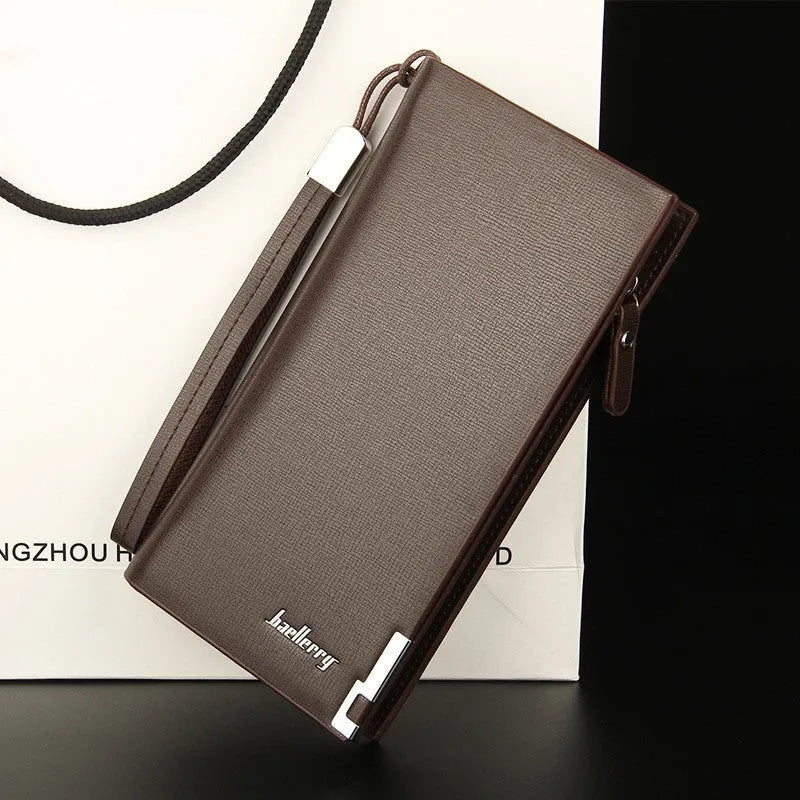 Men's black PU leather wallet with multiple card slots and zipped coin compartment