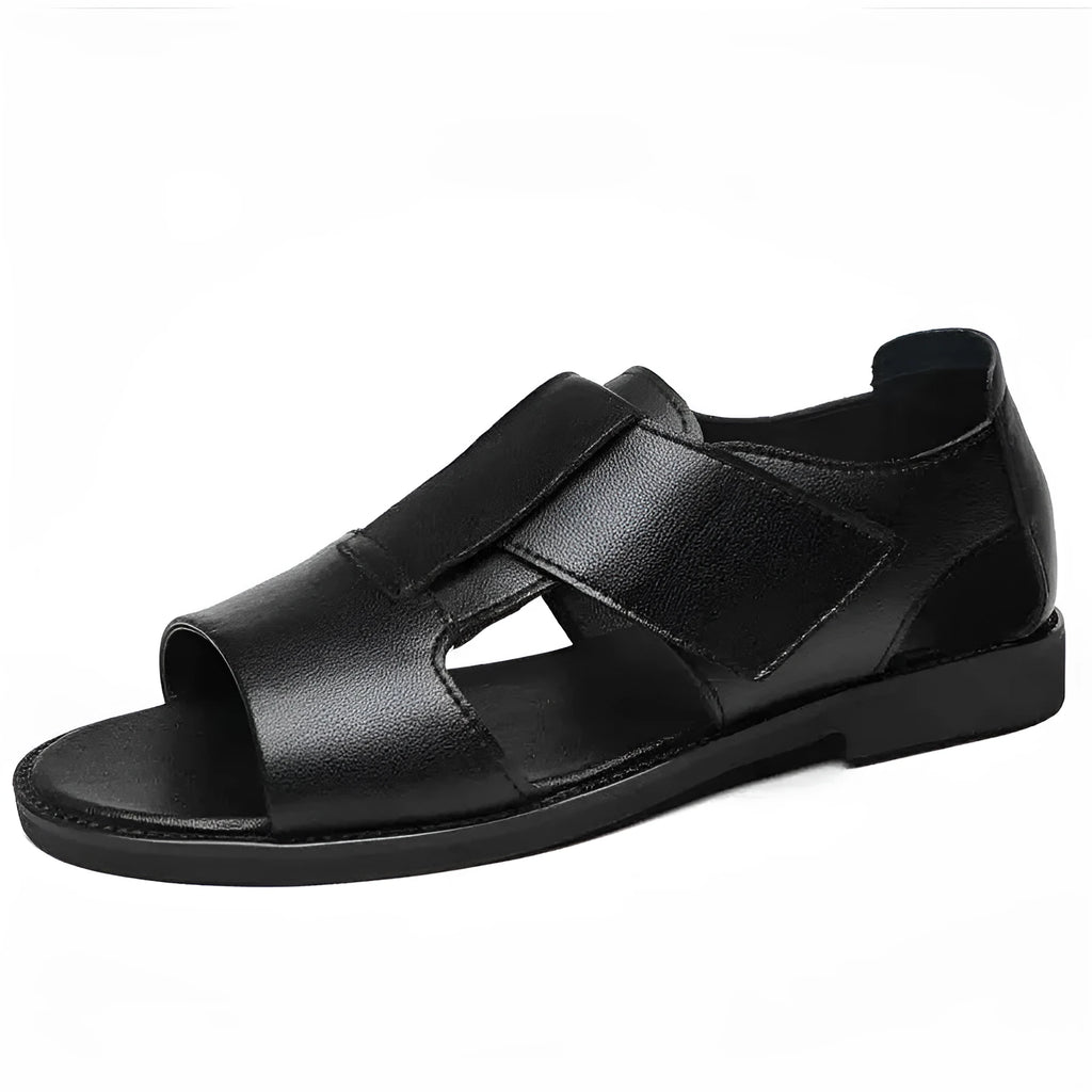Men's black and brown leather casual sandals with open toe design and rubber sole