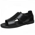 Men's black and brown leather casual sandals with open toe design and rubber sole