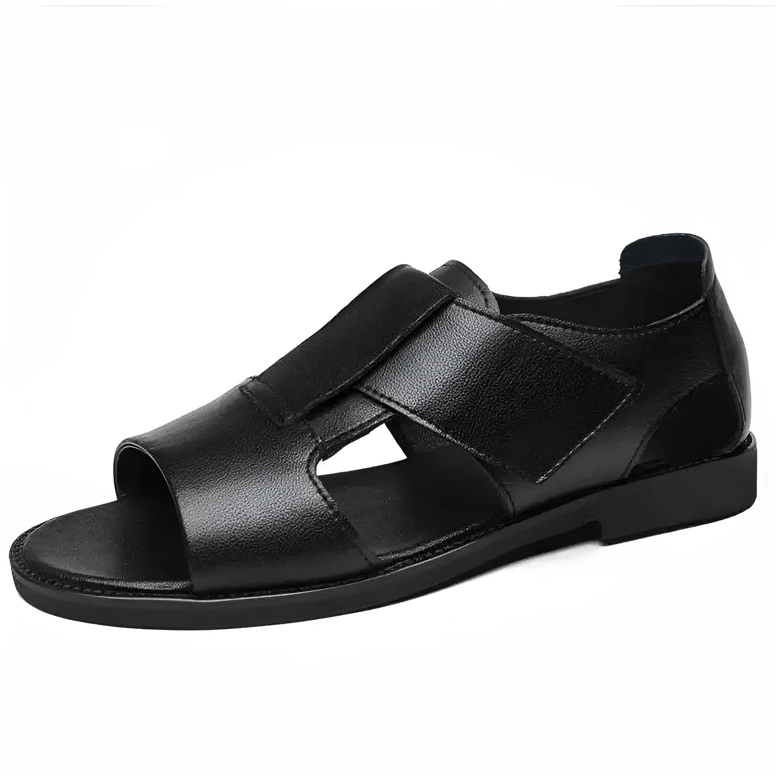 Men's black and brown leather casual sandals with open toe design and rubber sole