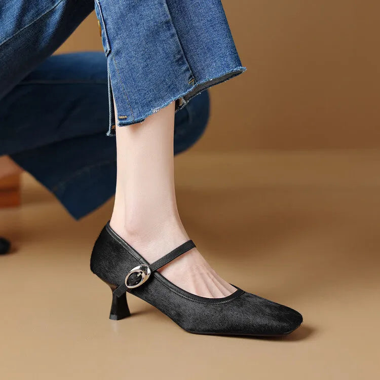 Women's black square toe stiletto ankle-strap heels with a horse hair upper and buckle fastening.