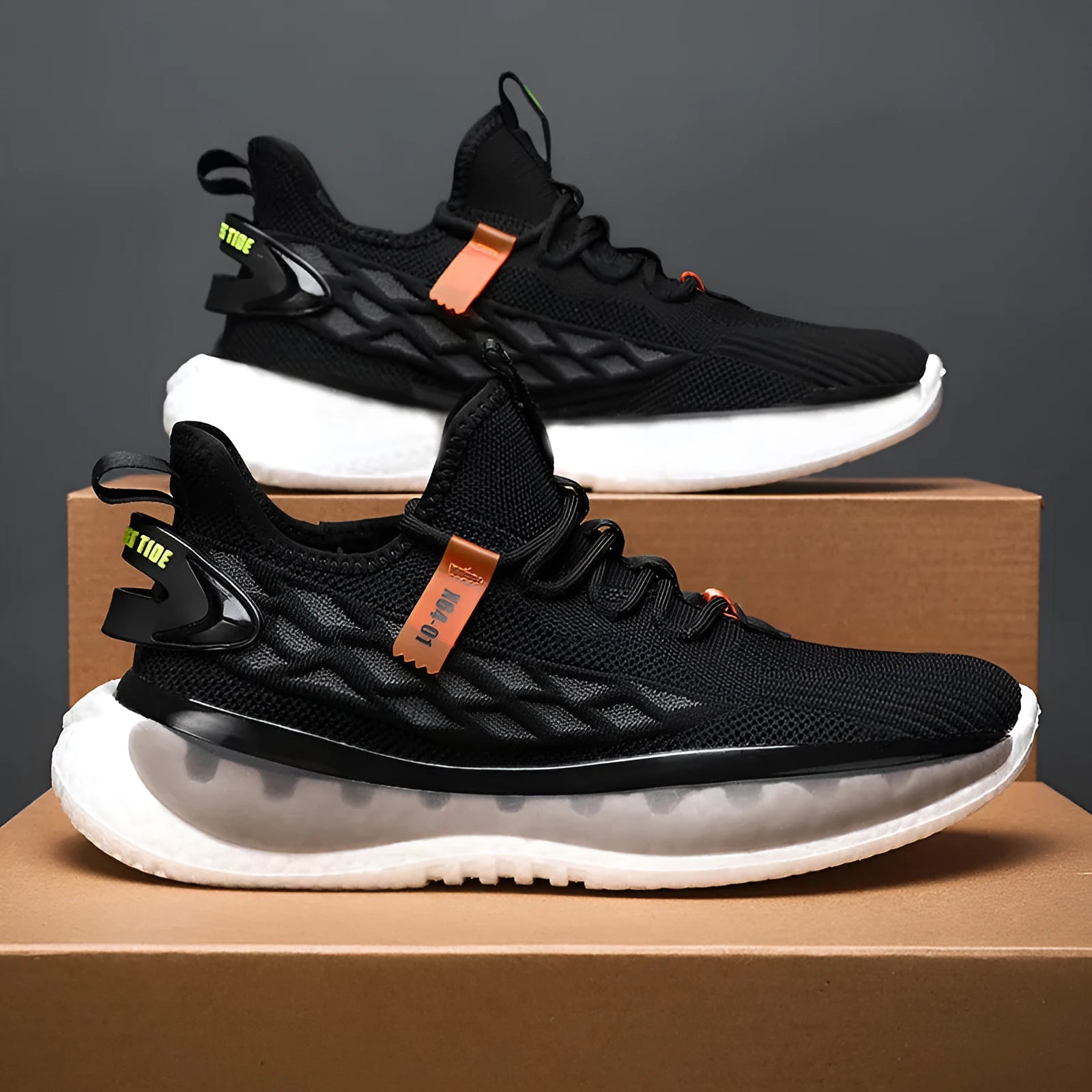 Men's woven mesh platform sneaker in black with front lace-up and rubber sole