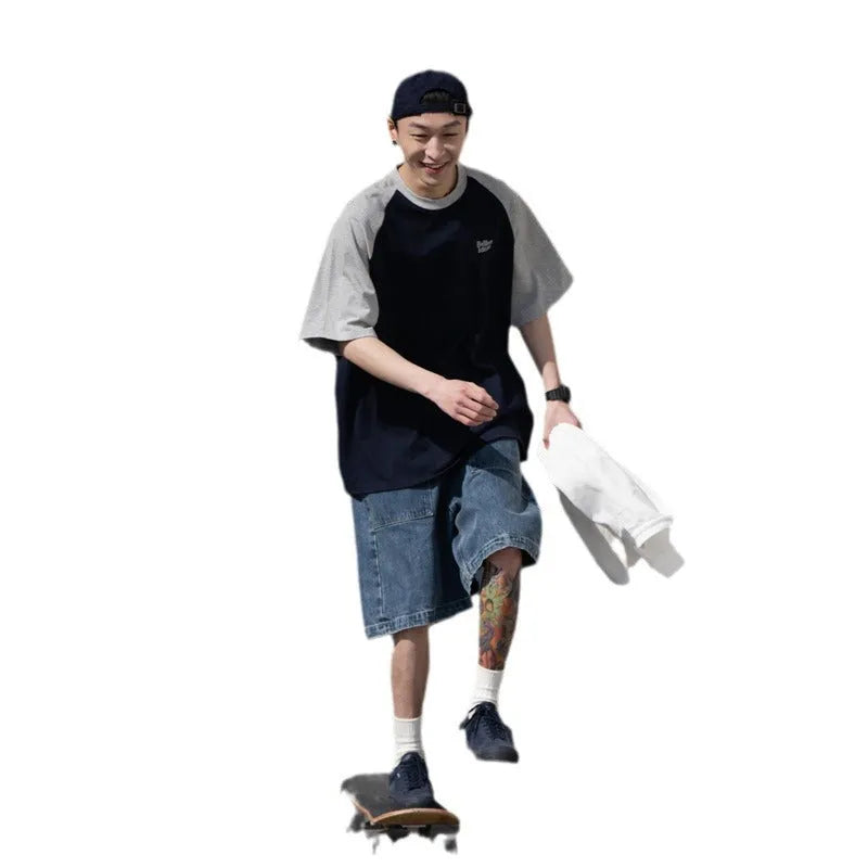 Men's blue casual raglan sleeve T-shirt with loose fit and thin fabric for layering