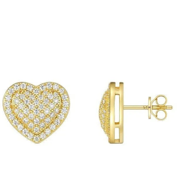Gold plated heart shaped moissanite stud earrings with sterling silver posts