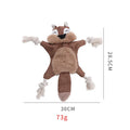 Brown plush fox dog toy with embroidered eyes, cotton rope arms and legs, and a squeaker.
