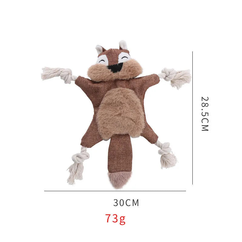 Brown plush fox dog toy with embroidered eyes, cotton rope arms and legs, and a squeaker.