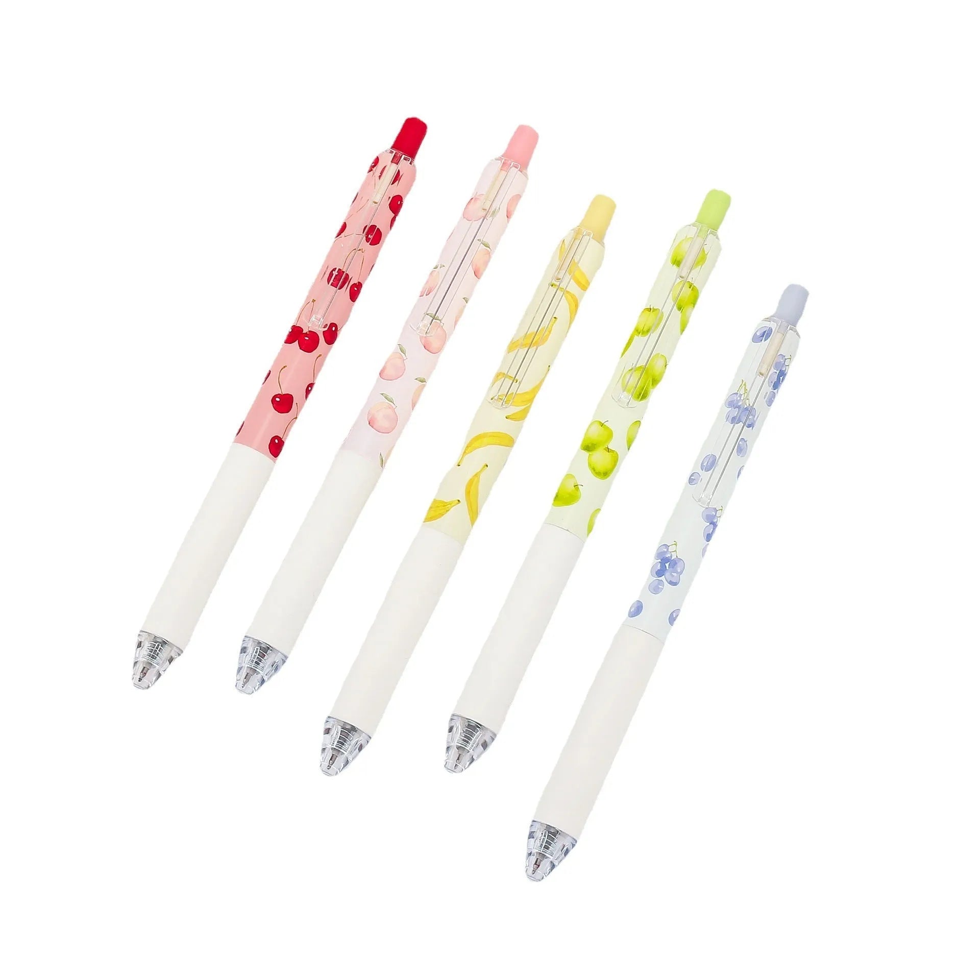 Three scented fruit-designed press-action pens with 0.5mm quick-drying black refills