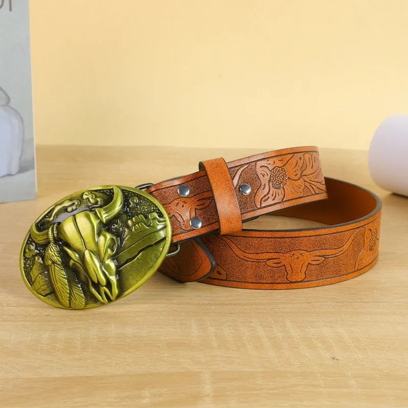 Men's black imitation leather belt with a metallic alloy cow head buckle and pin buckle fastening