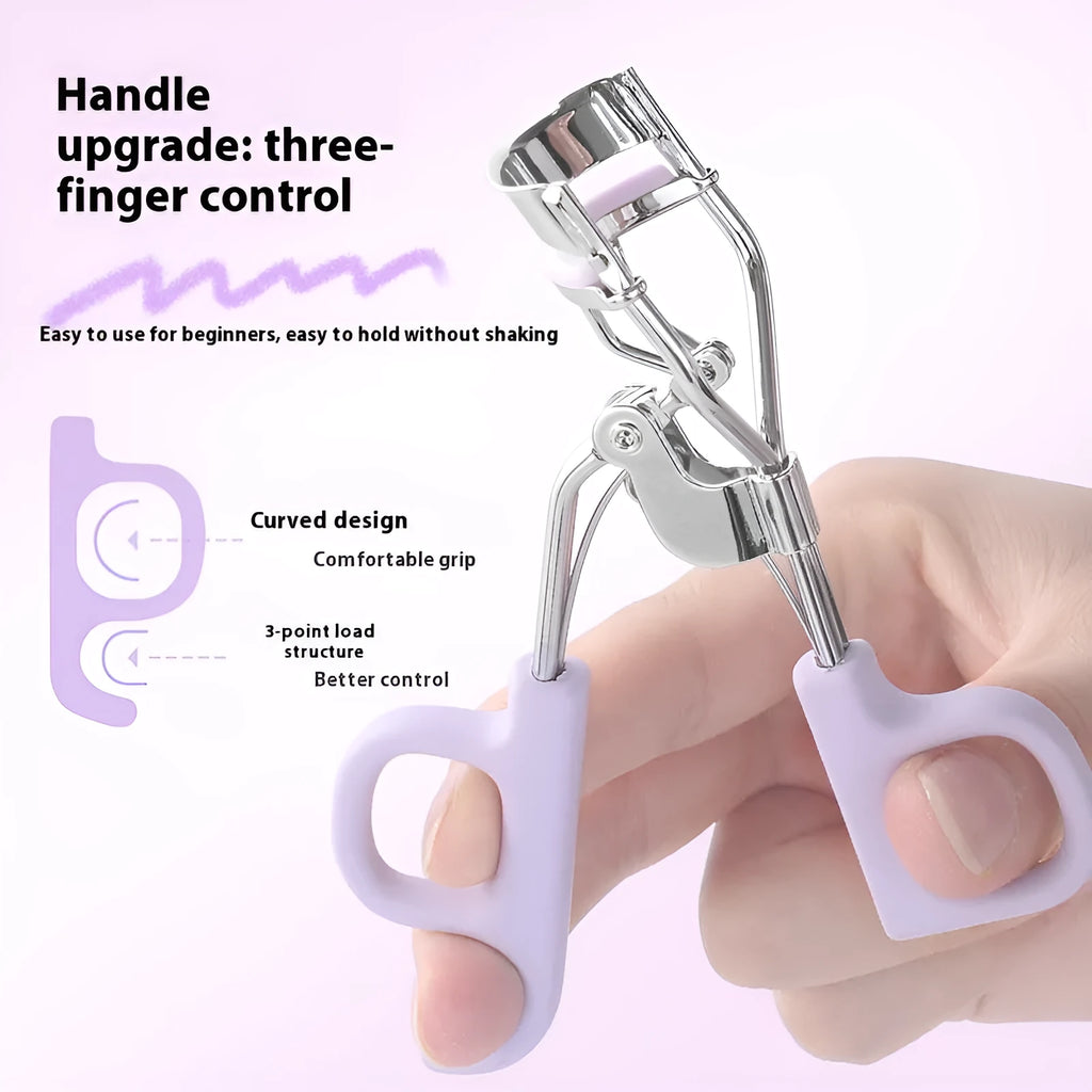 A4 scissor-handle eyelash curler with tail, shown in pink and purple colour options.