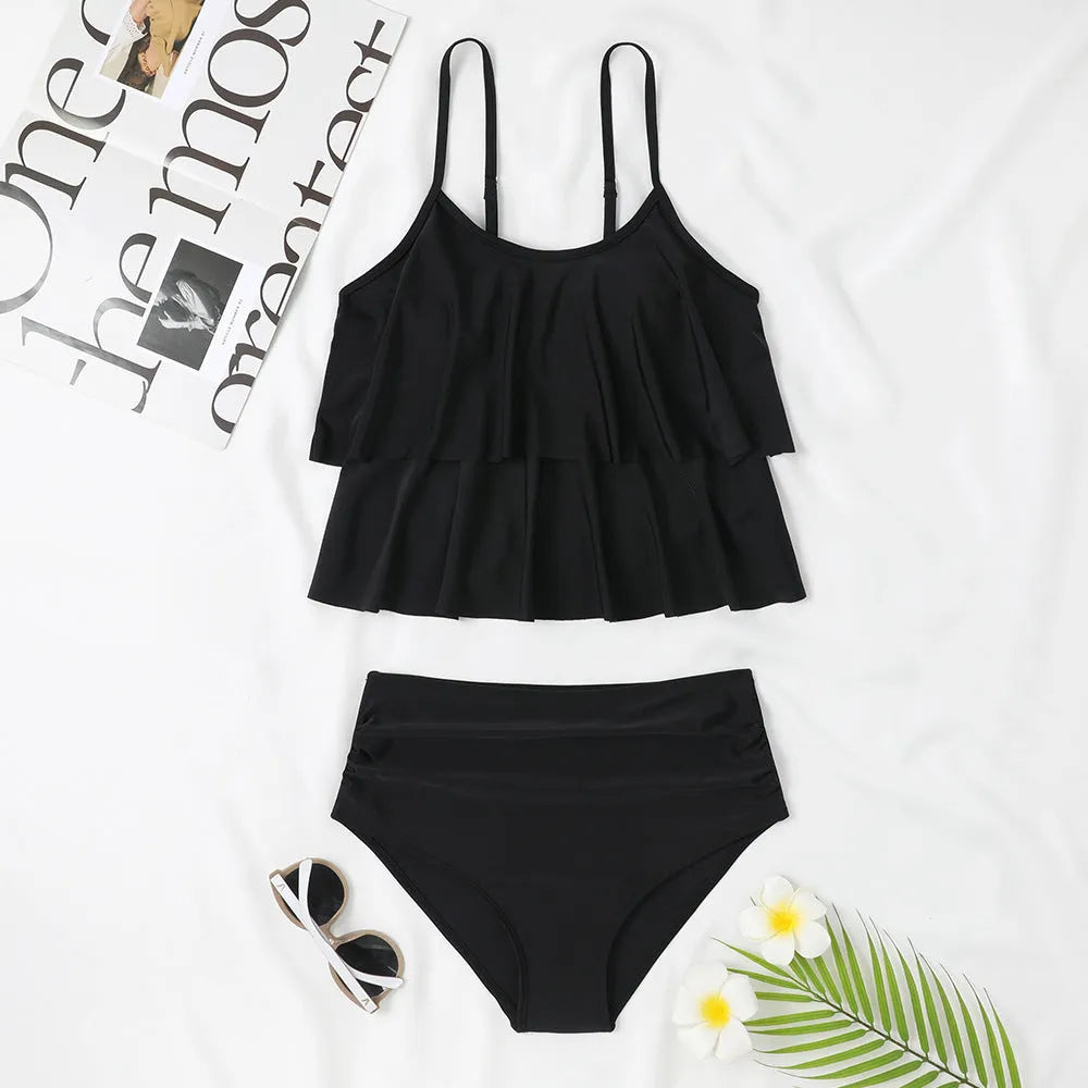 Women's high-waisted double-layer swimsuit with coconut tree floral pattern and solid black options