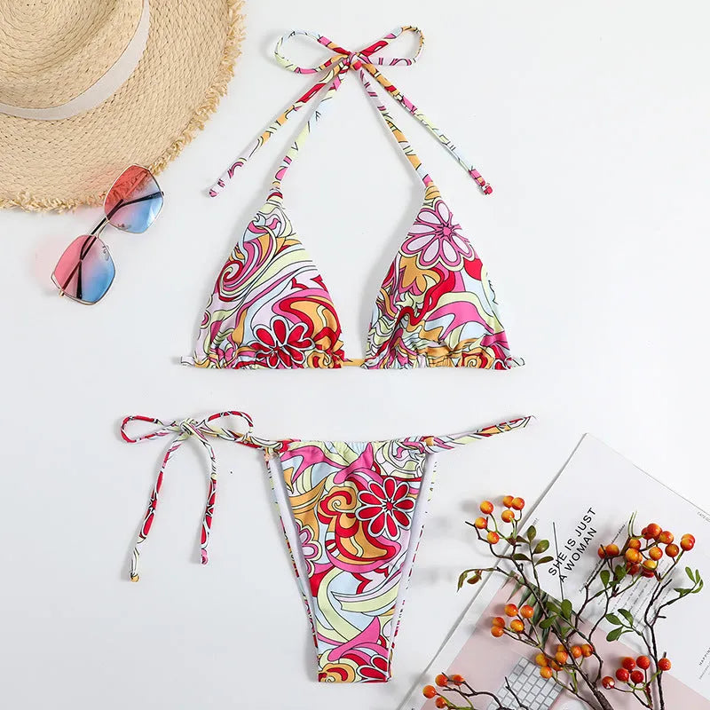 Women's triangle bikini swimsuit with hanging neck design and multicolour print