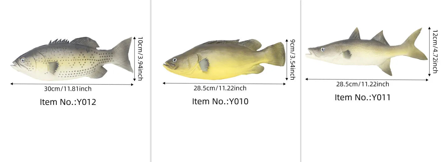 Set of three PU simulated fish model ornaments: yellow-fin tuna, flower fish, and yellow croaker.