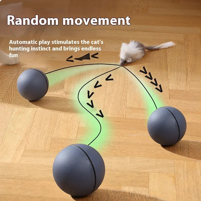 Automatic rolling cat toy with plush mouse on a hard floor