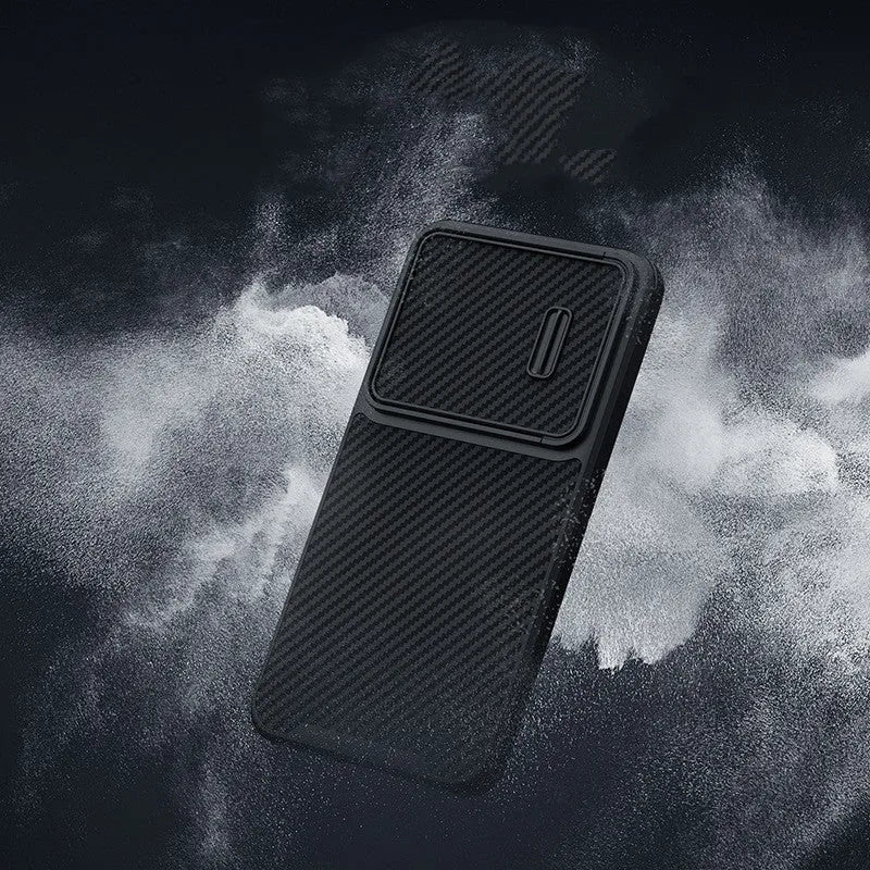 Black Samsung S23 Ultra phone case with lens push cover and carbon fibre elements