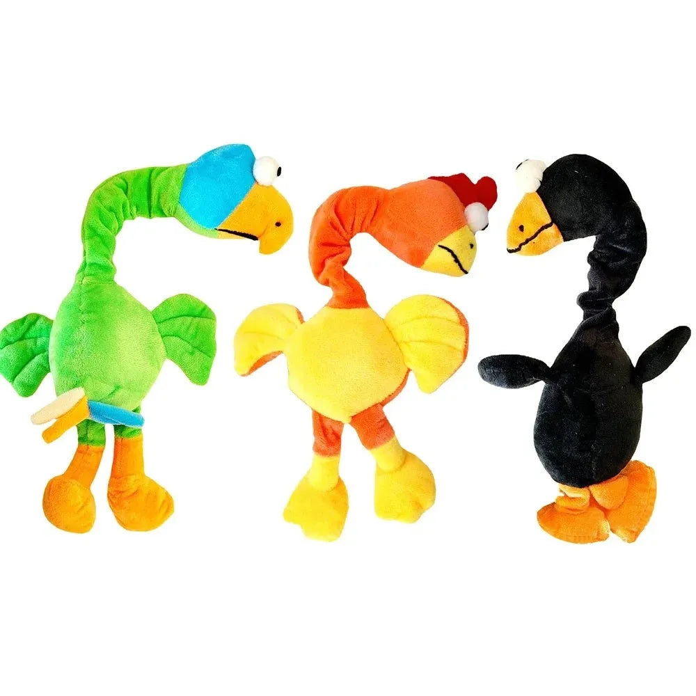 Screaming chicken sound dog chew toy in bite-resistant material, shown in black, green, and orange.
