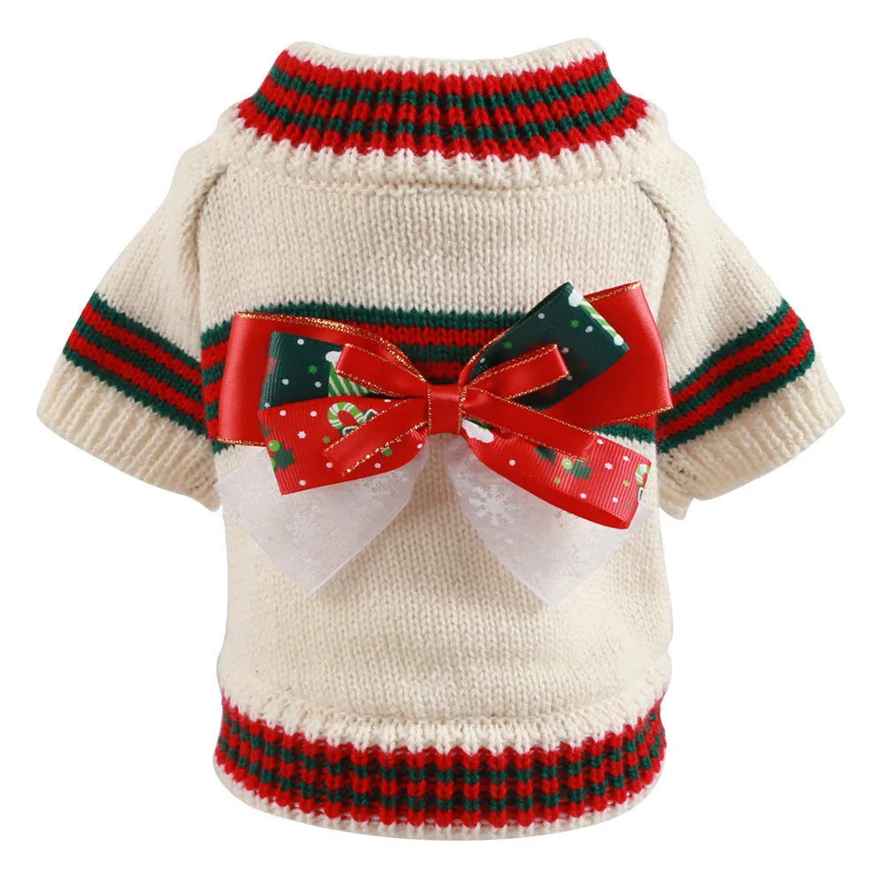 Red or green polyester knit Christmas sweater for small to medium dogs and cats on a festive background