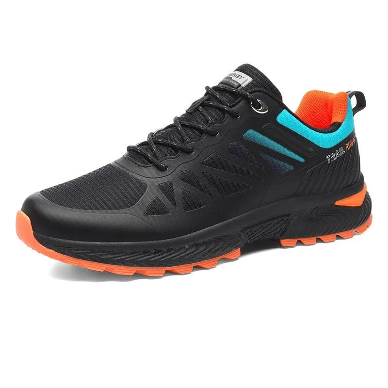 Men's black and orange breathable mesh running shoe with lace-up front and rubber sole