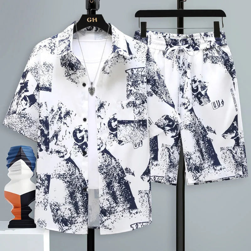 Men's casual sports two-piece set with short sleeve top and matching polyester shorts