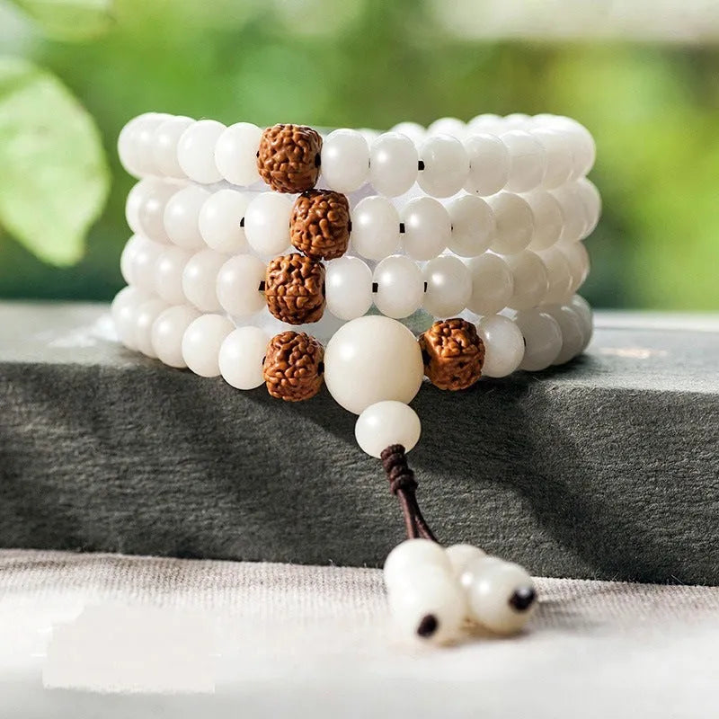 White Jade Bodhi Beads Long Bracelet with 6x8mm beads in multiple style options.