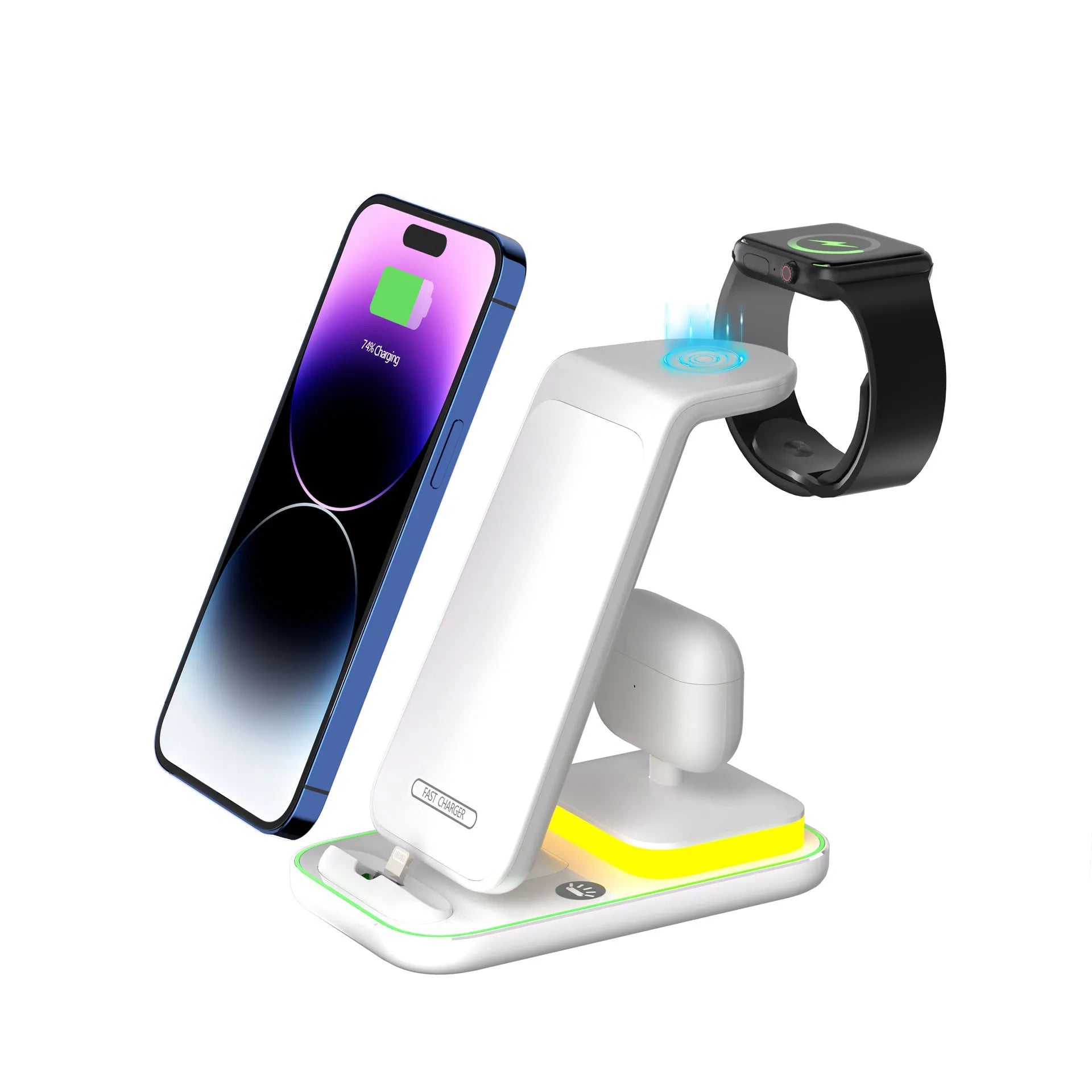 Black vertical wireless charging stand holding phone upright with smartwatch and headset charging