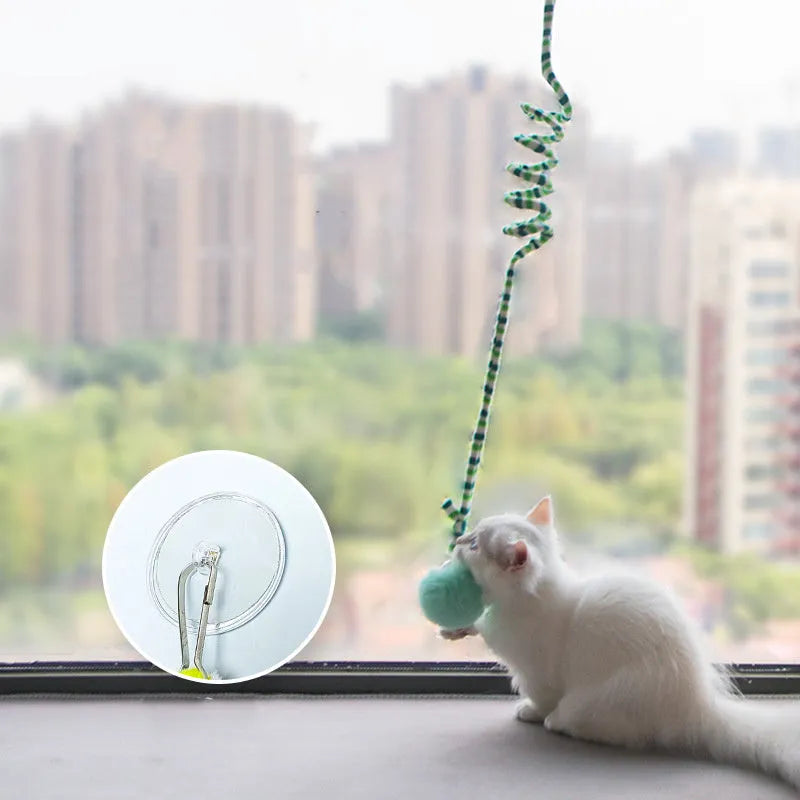Spring-mounted inflatable ball cat toy with bell stick and suction cup attachment in various colours