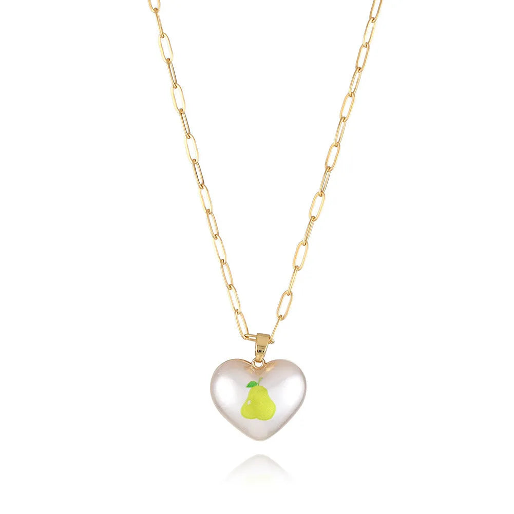 Geometric heart fruit pendant necklace with adjustable chain showing strawberry, pineapple, apple designs