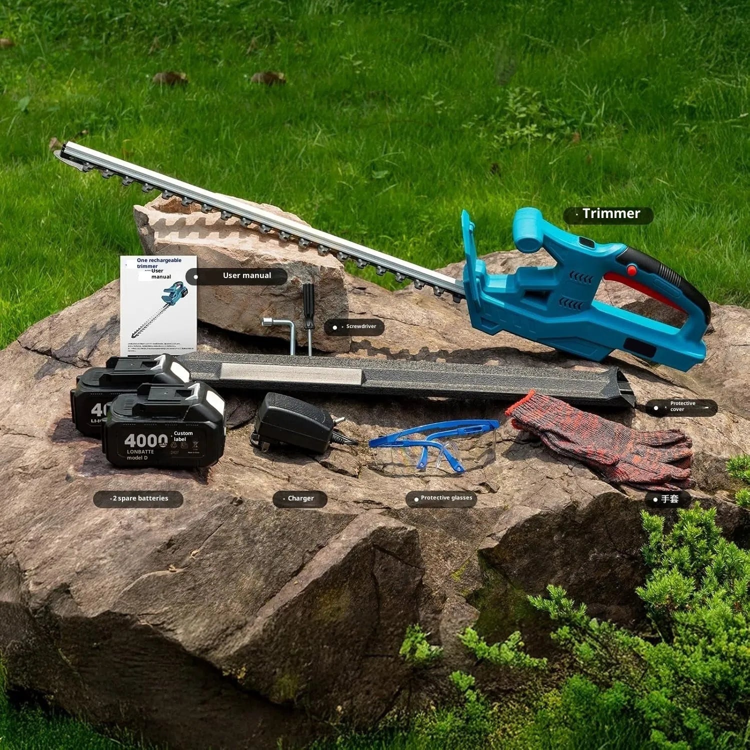 24V lithium battery cordless electric hedge trimmer with two batteries and charger on white background