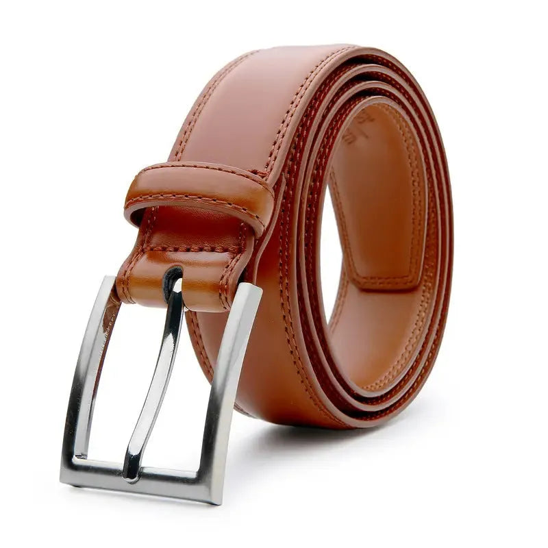Men's genuine leather casual belt with an alloy buckle in brown, shown with length options from 110cm to 130cm