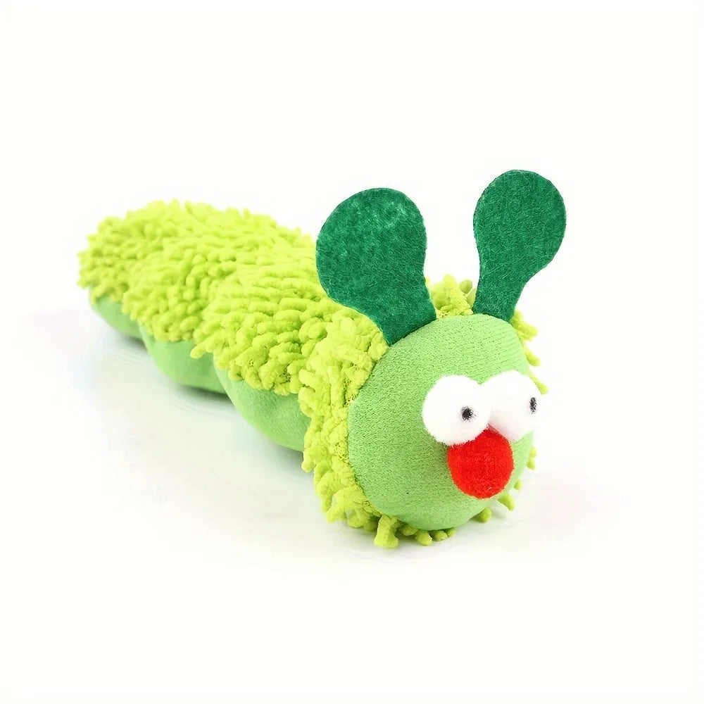 Green interactive plush cat toy pillow measuring 24x11x5cm on a floor