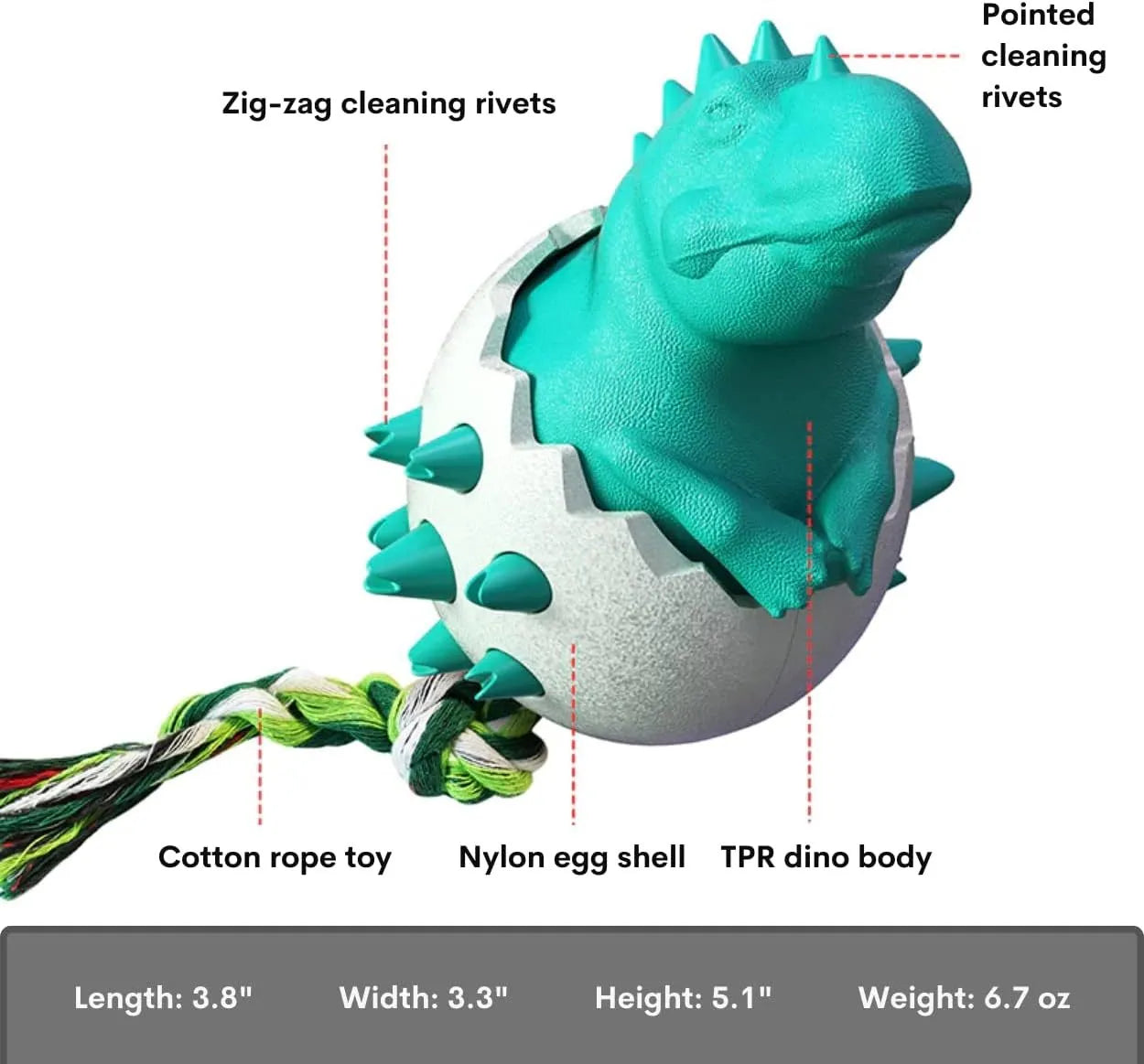 Blue dinosaur-shaped dog chew toy with textured nubs and a green rope tail for fetch or tug.