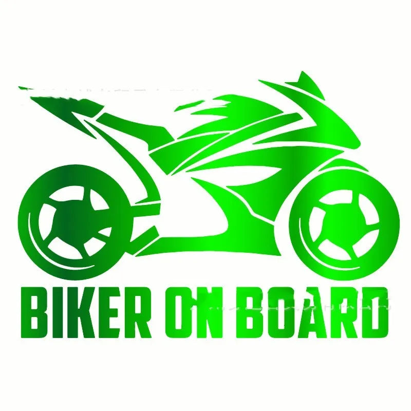 Motorcycle reflective safety sticker in PET material showing two size options: 14×20cm and 10×15cm